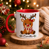 Tazza di ceramica bianca con interno rosso, renna e nome Camilla
