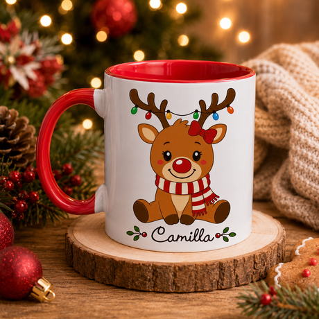 Tazza di ceramica bianca con interno rosso, renna e nome Camilla