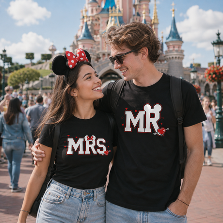 Coppia di t-shirt nere con stampa Mr e Mrs, girocollo