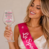 Fascia da futura sposa fucsia con scritta e calice da vino inciso in mano