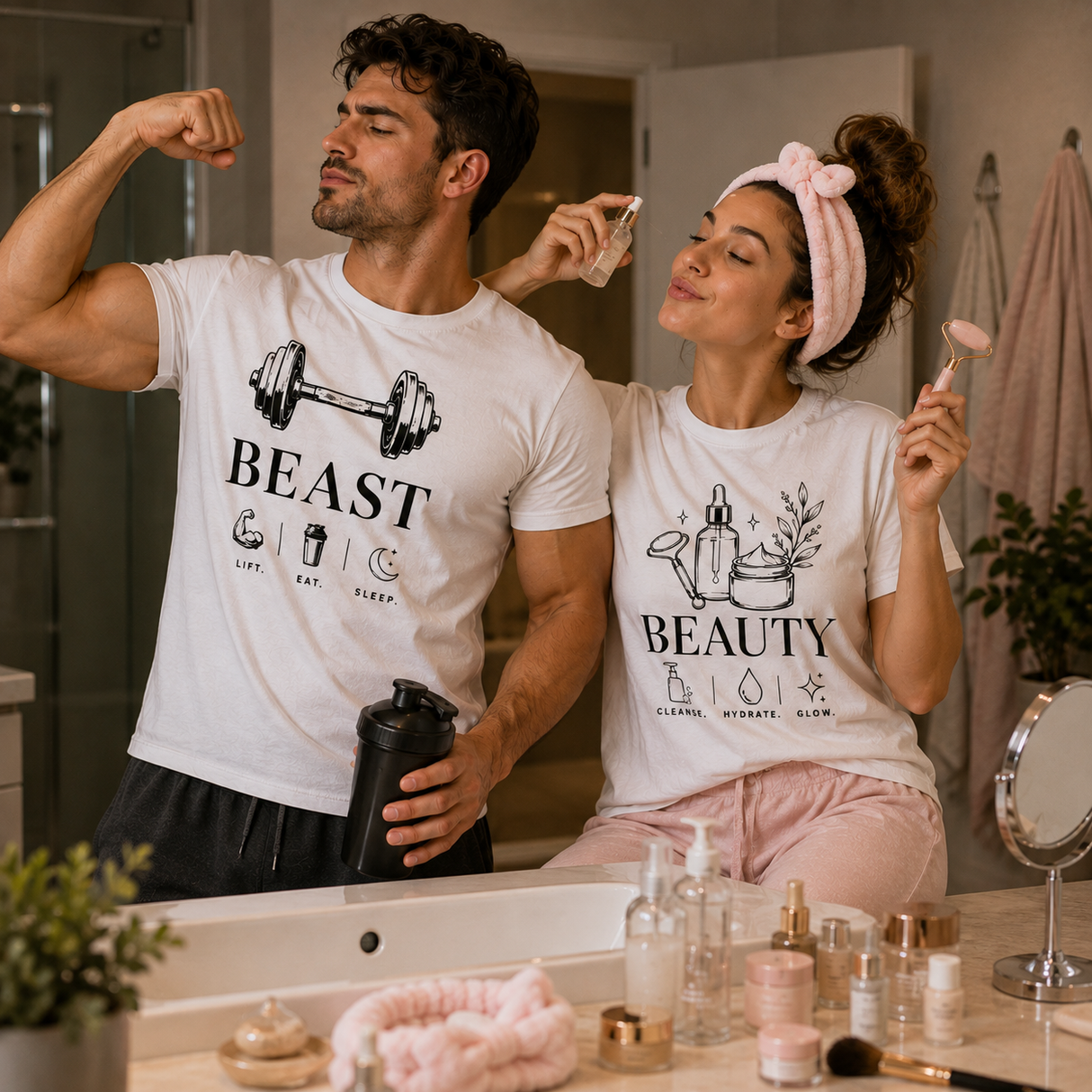 Coppia t-shirt palestra bianche con stampa BEAST e BEAUTY
