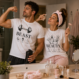 Coppia t-shirt palestra bianche con stampa BEAST e BEAUTY