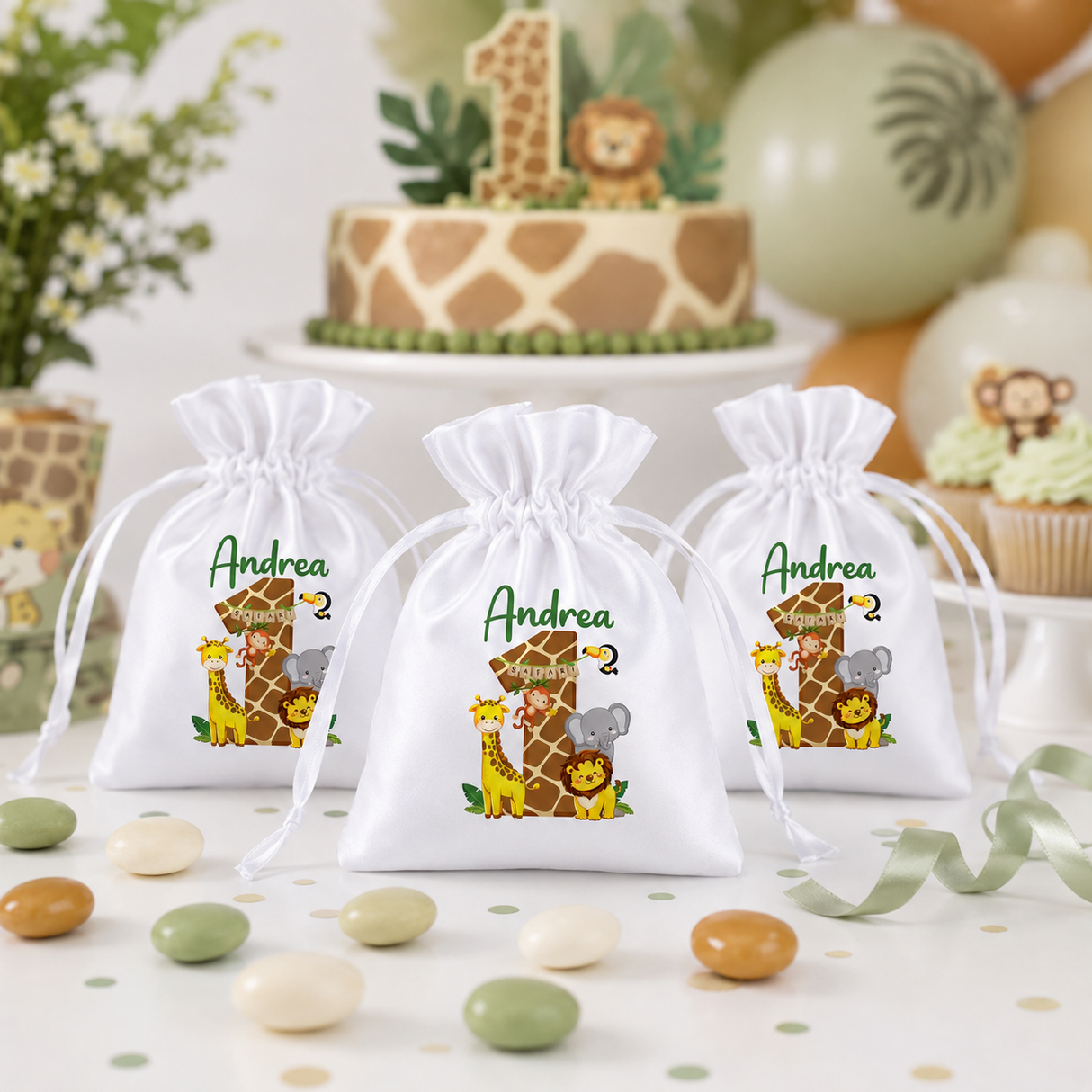 Kit 10 Sacchetti Portaconfetti Safari Personalizzate con Nome ed Età – Compleanno Bambino Safari