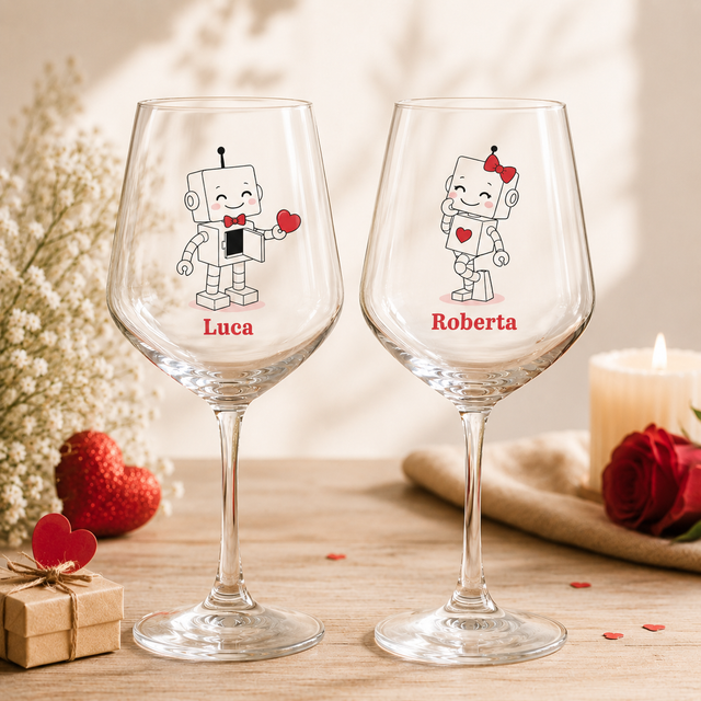 Coppia di calici da vino con robot e nomi Luca e Roberta in rosso, San Valentino