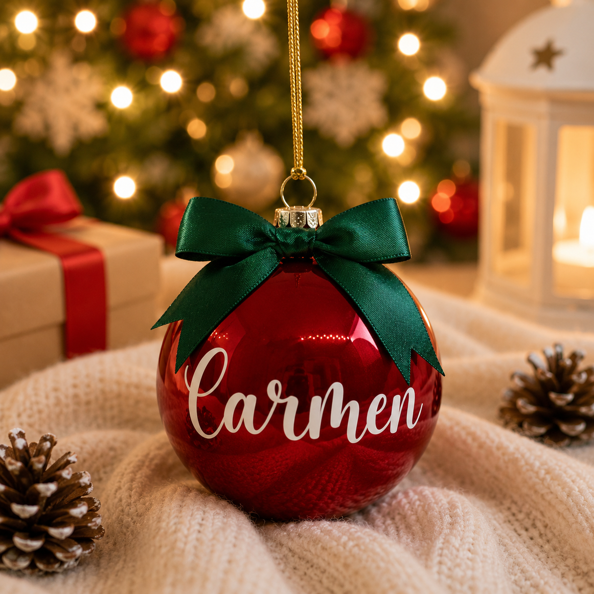 Pallina di Natale in vetro rossa con fiocco verde e nome Carmen
