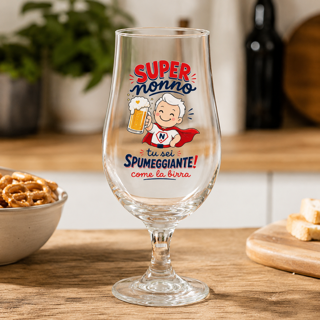 Calice da birra in vetro con scritta Super nonno e illustrazione della birra