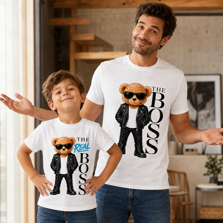 Magliette bianche padre e figlio con orsetti in giacca di pelle e scritta THE BOSS