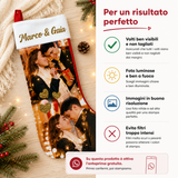 Calza natalizia bianca con foto e nome glitter dorato, pannello istruzioni