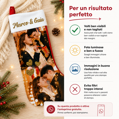 Calza natalizia bianca con foto e nome glitter dorato, pannello istruzioni