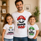 Set magliette bianche per padre e figli con stampe SUP DAD, SUPER DAUGHTER e SUPER SON