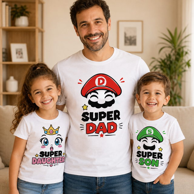 Set magliette bianche per padre e figli con stampe SUP DAD, SUPER DAUGHTER e SUPER SON