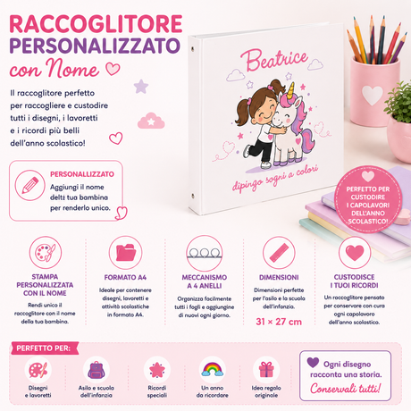 Raccoglitore A4 personalizzato con unicorno rosa e nome, meccanismo ad anelli