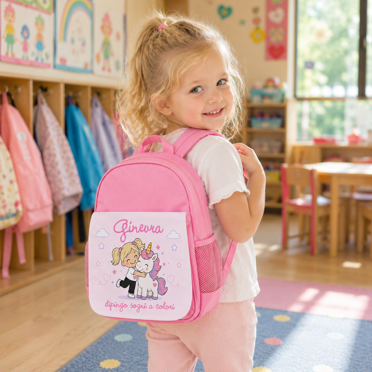 Zainetto asilo rosa con unicorno e nome Ginevra, tasche laterali in rete