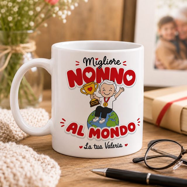 Tazza bianca con manico, scritta “Migliore Nonno al mondo” e cuore rosso