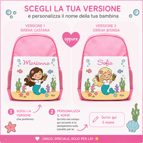 Zainetto rosa personalizzato con due versioni: Marianna o Sofia, stampa sirenetta