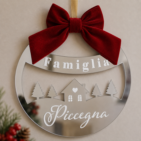 Decorazione natalizia in plexiglass argento tondo con fiocco rosso e nome Famiglia e Piccegna
