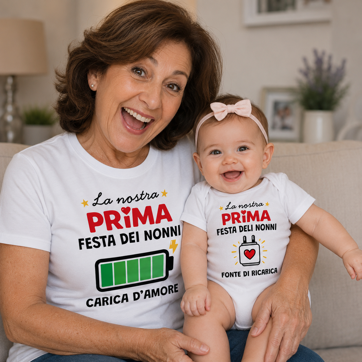 T-shirt bianca e body bianchi abbinati con scritta “Prima Festa dei Nonni” e cuore