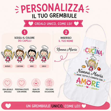 Grembiule da cucina bianco personalizzabile con “Il tuo nome” e cuori