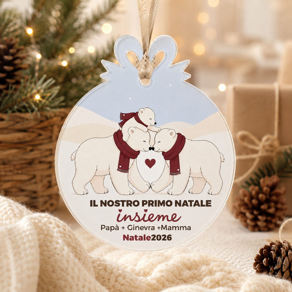 Decorazione rotonda per albero: orsi polari con cuore rosso e scritta Natale2026