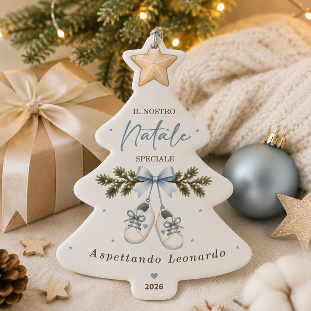 Decorazione albero in plexiglass bianco con stella, scritta “Il nostro Natale speciale” e “Aspettando Leonardo”