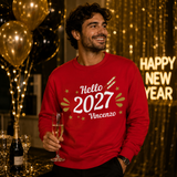 Felpa rossa con stampa «Hello 2027» e nome Vincenzo, maniche lunghe, girocollo