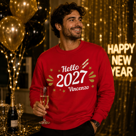 Felpa rossa con stampa «Hello 2027» e nome Vincenzo, maniche lunghe, girocollo