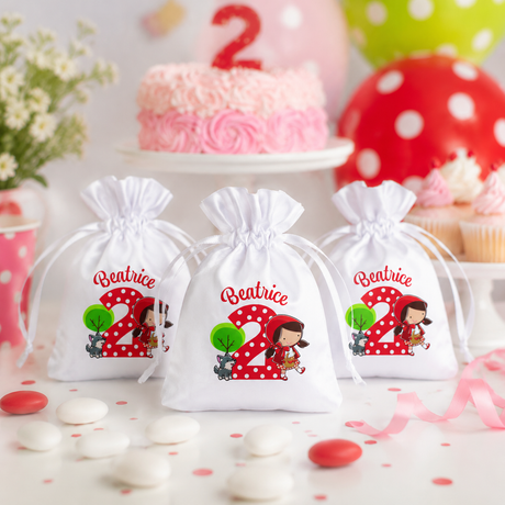 3 sacchetti portaconfetti bianchi con coulisse e stampa Cappuccetto Rosso, Beatrice