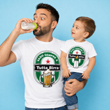 Magliette bianche coordinate: “Tutta Birra” sul padre e “Tutto Latte” sul bimbo
