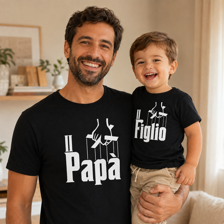 Set magliette nere Papà e Figlio con stampe bianche frontali, uomo e bambino