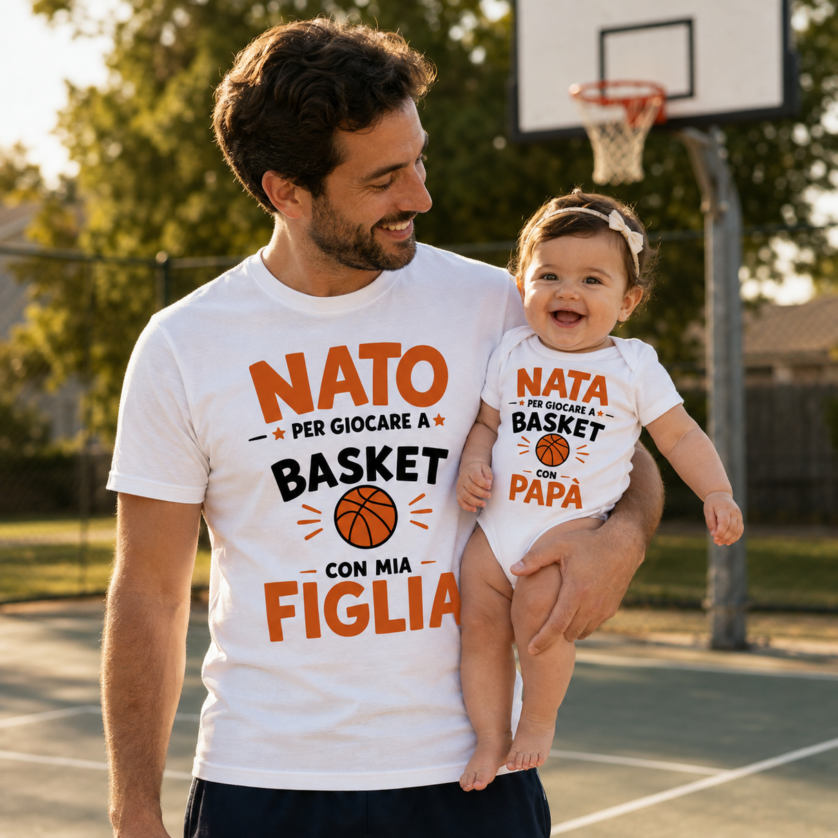 T-shirt bianca uomo e body bimbo con scritta “NATA per giocare a Basket”