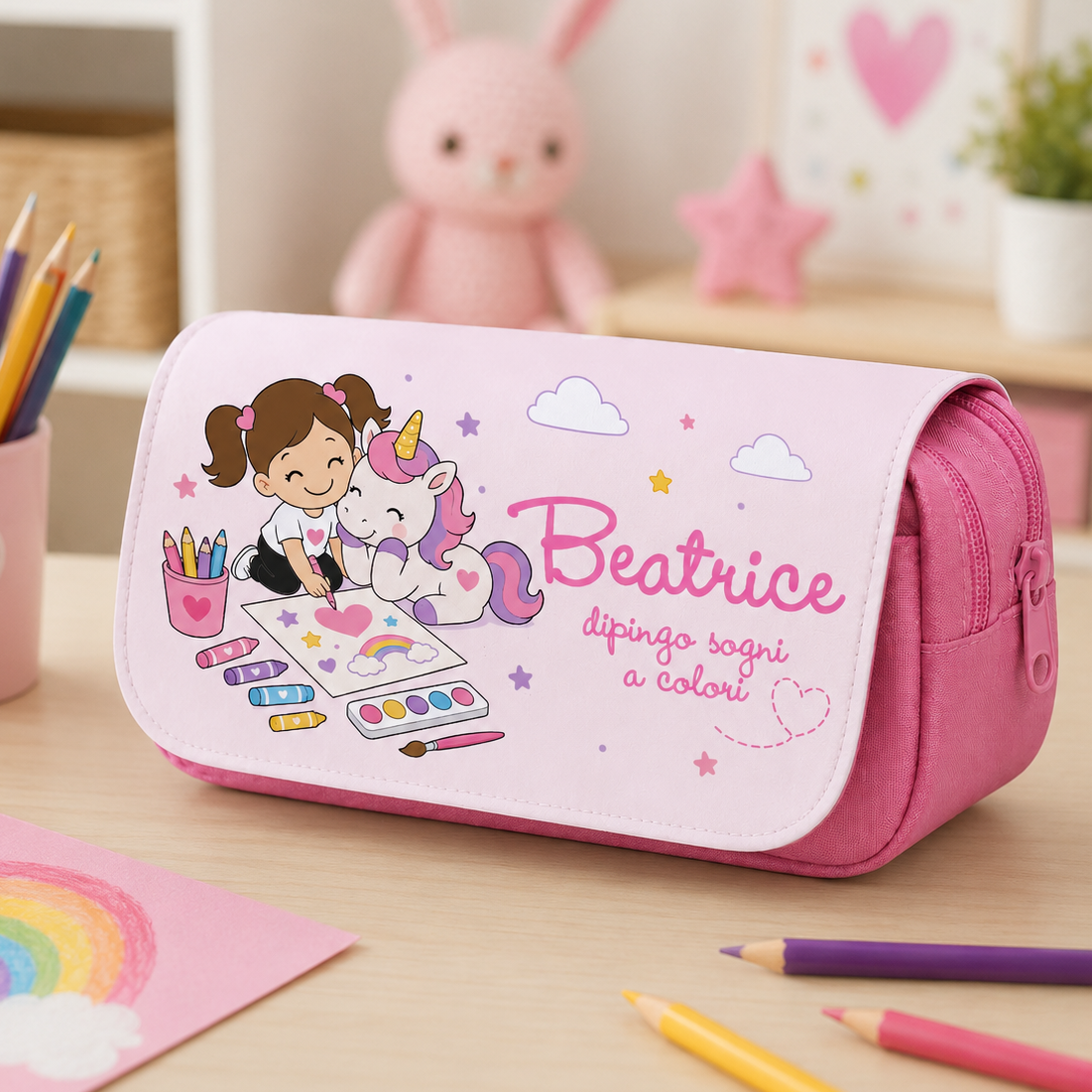 Astuccio rosa con nome Beatrice, stampa unicorno e pennarelli, formato scuola infanzia