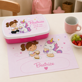 Set pranzo con scatola e tovaglietta rosa, unicorno e nome Beatrice