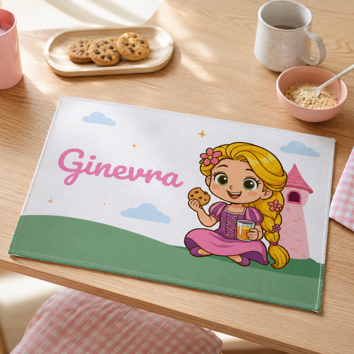 Tovaglietta Ginevra con Rapunzel, nuvole e casetta rosa, bordo verde