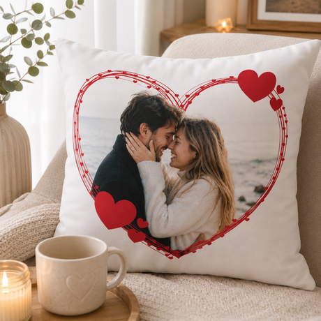 Cuscino bianco personalizzato con foto di coppia abbracciata e cuore rosso