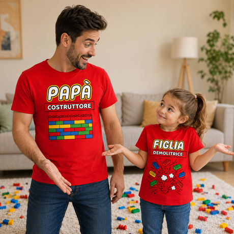 Set t-shirt rosse: Papà "COSTRUTTORE" e Figlia "DEMOLITRICE" con grafica esplosiva colorata