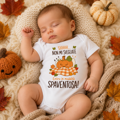 Body neonato bianco con stampa zucca arancione e testo “NON MI SVEGLIATE”