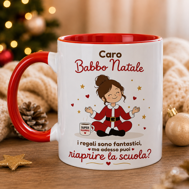 Tazza natalizia bianca con manico rosso e interno rosso, scritta “Caro Babbo Natale”