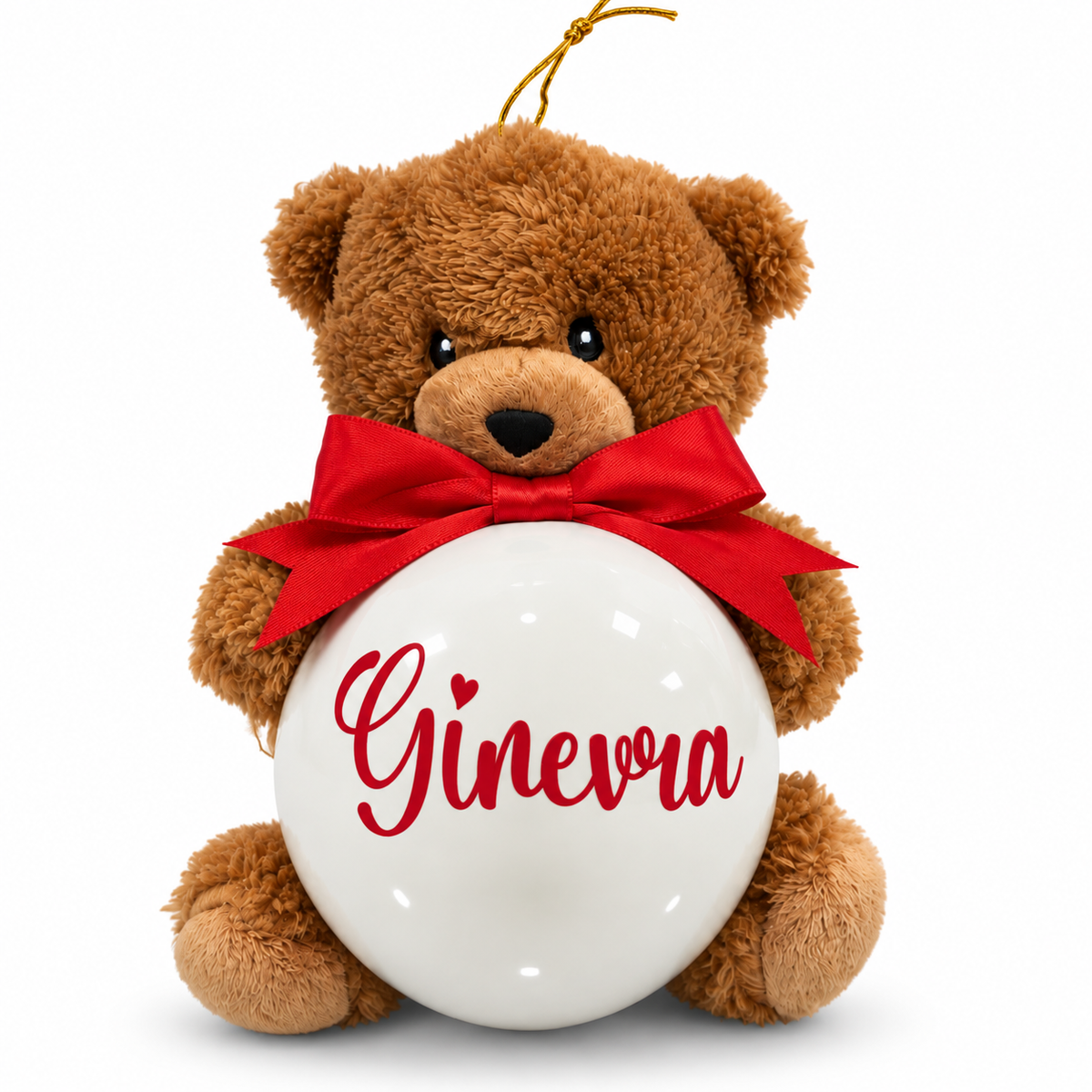 Decorazione Natalizia Personalizzata con Nome – Orsetto con Pallina di Natale in Vetro Bianca
