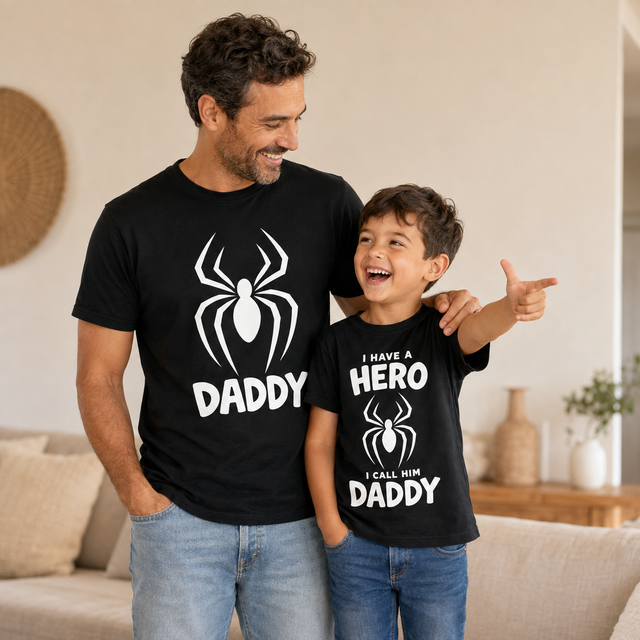 Set t-shirt nere papà e figlio con grafica ragno bianca e scritte Daddy Hero