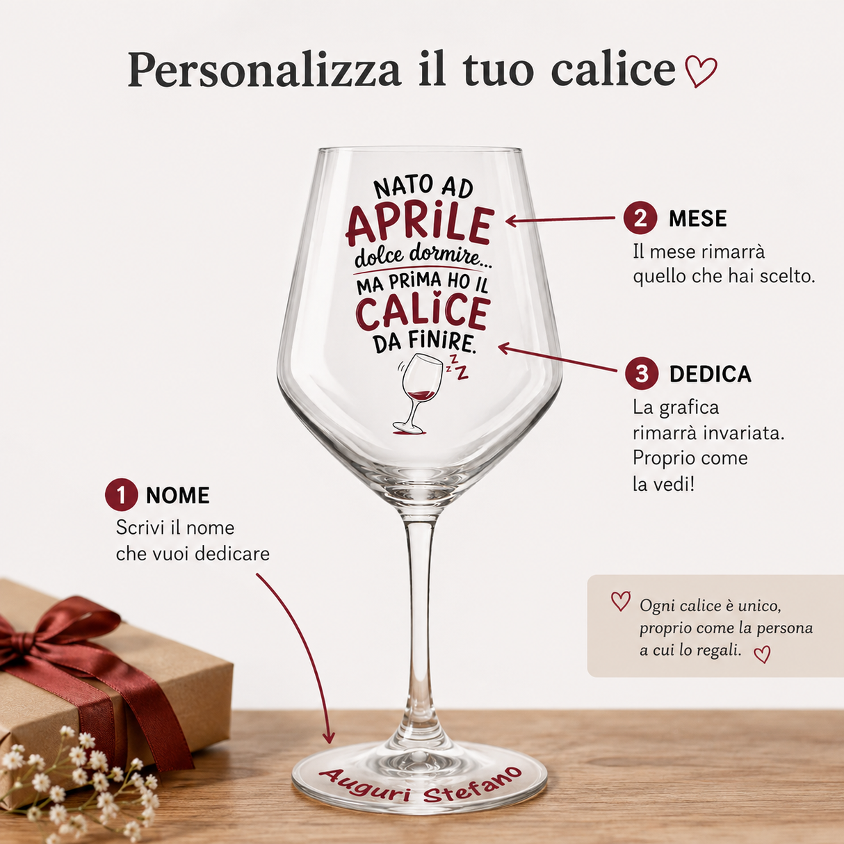 Calice da vino personalizzato con scritta “Nato ad Aprile” e spazio per il nome