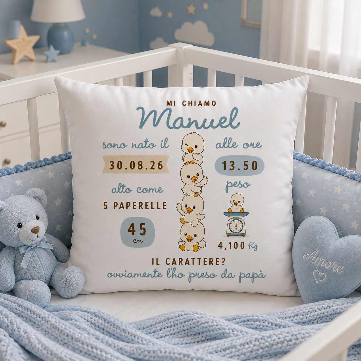 Cuscino bianco con scritta Manuel, orsetti e peso 13,50 kg, grafica azzurra