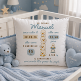 Cuscino bianco con scritta Manuel, orsetti e peso 13,50 kg, grafica azzurra