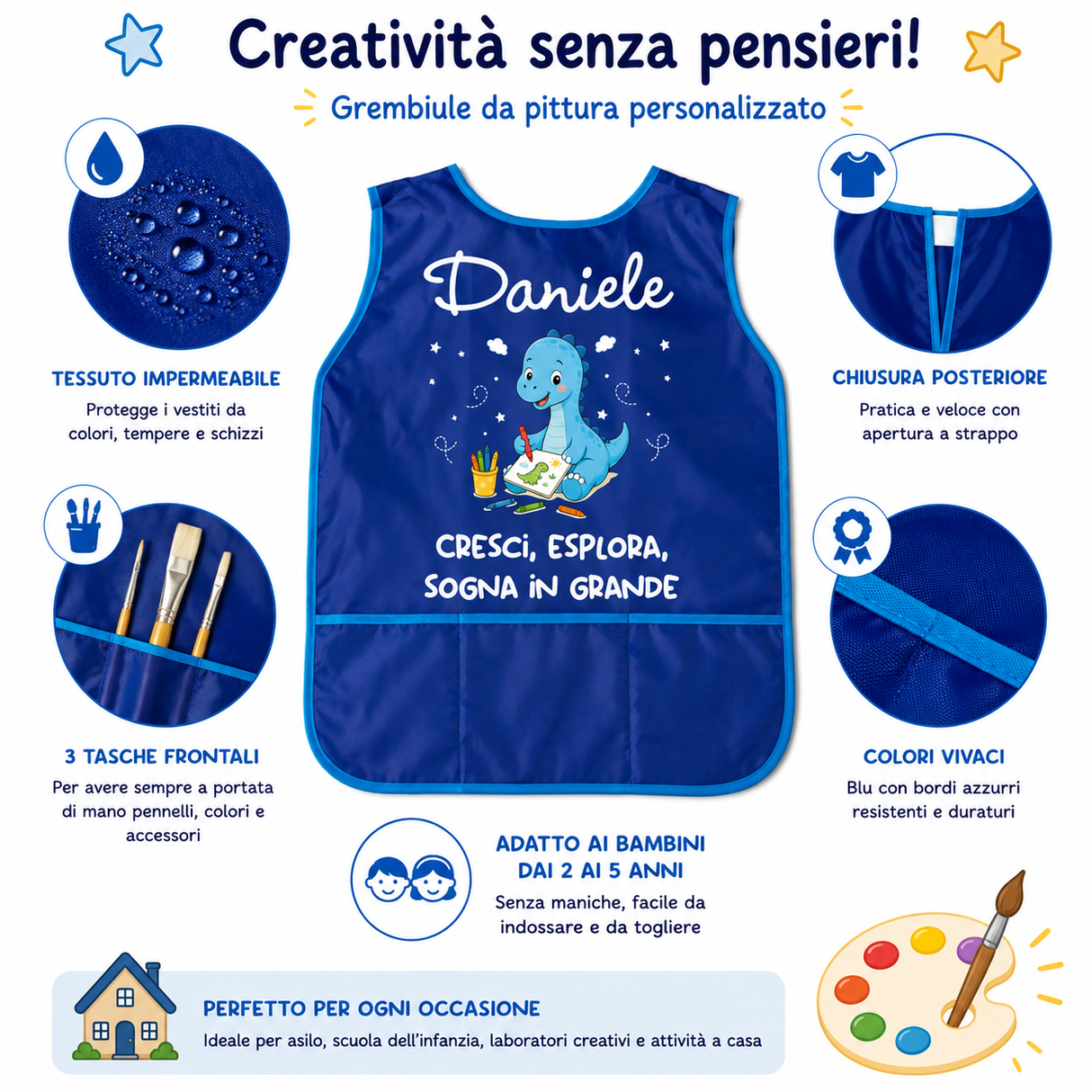 Grembiule da pittura bambino blu personalizzato Daniele, tessuto impermeabile e tasche