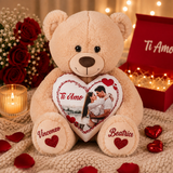 Orsetto di peluche beige con cuore rosso e foto, nomi Vincenzo e Beatrice