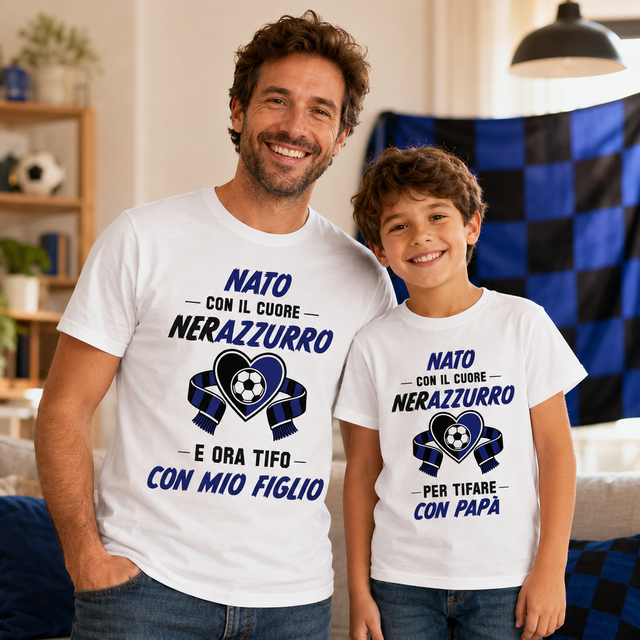 Padre e figlio in t-shirt bianche con stampa calcio blu Neroazzurro e cuore