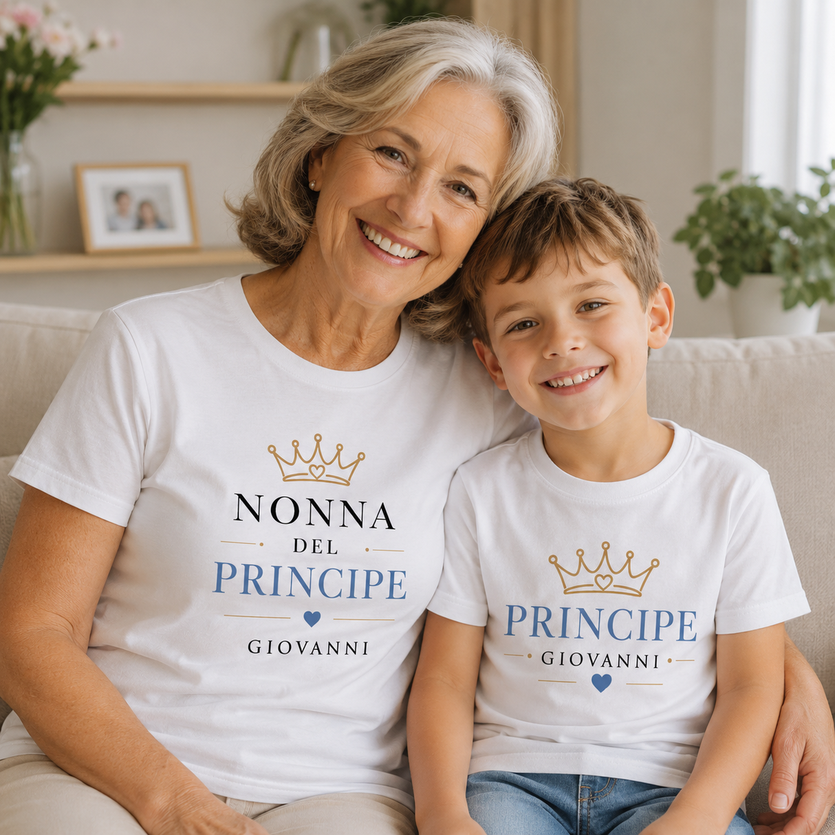 T-shirt bianca con stampa NONNA del PRINCIPE e GIOVANNI; t-shirt bimbo PRINCIPE