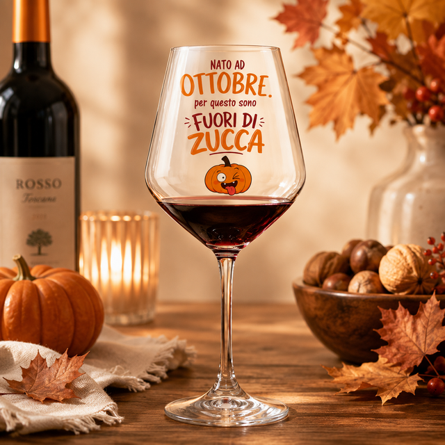 Calice da vino trasparente con scritta arancione “Nato ad Ottobre, Fuori di Zucca”