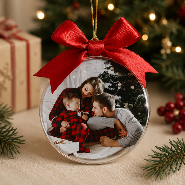 Pallina natalizia trasparente con foto famiglia e fiocco rosso, cordino dorato.