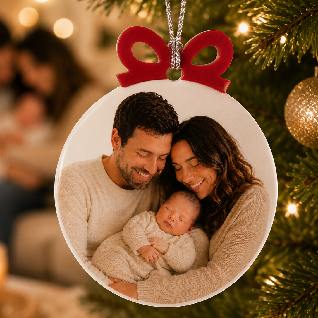 Decorazione natalizia rotonda in plexiglass con foto di famiglia e fiocco rosso