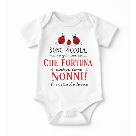 Body bianco con coccinelle e scritta “CHE FORTUNA… NONNI!” con “la vostra Ludovica”